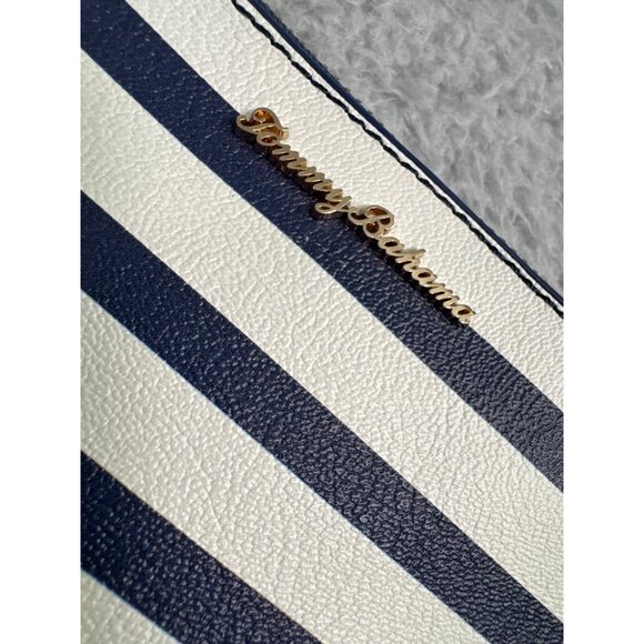 Tommy Bahama Floral Stripe Tote W/Pouch Navy White Faux Leather Travel Beach 90s - Picture 7 of 16